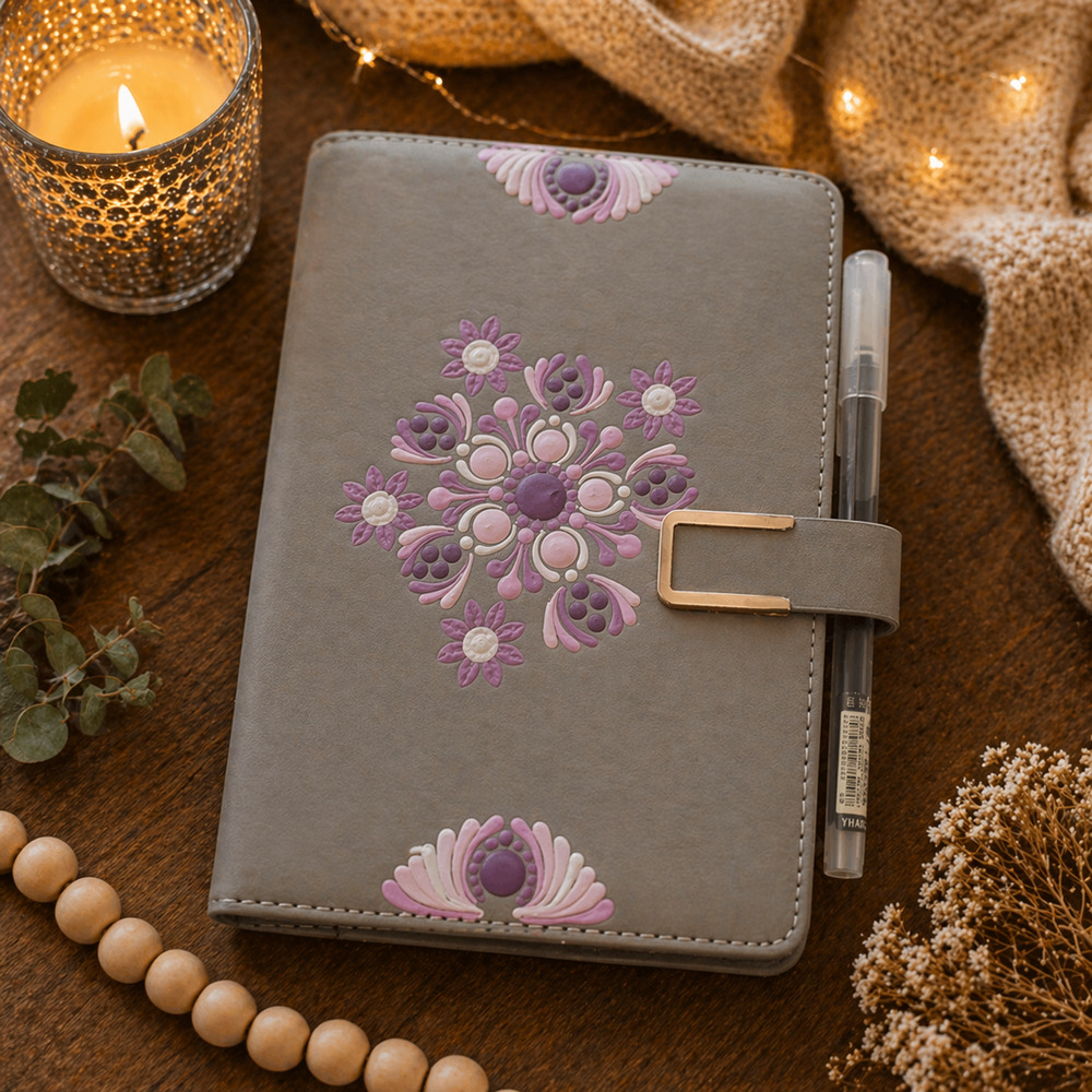 Handpainted Faux Lambskin Journal 8” x 5.5” Mandala – Magnetic Closure Notebook